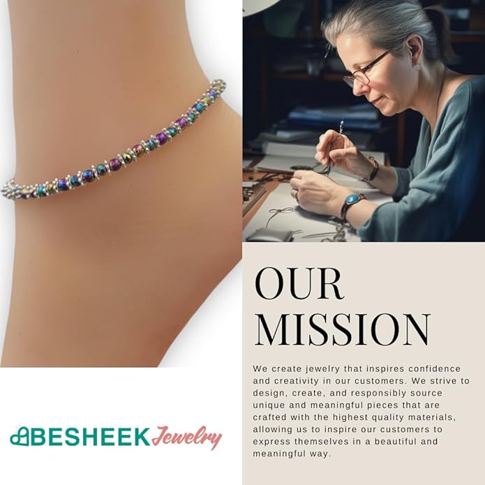 BESHEEK Rainbow Anklet Bracelet Hue Twisted Hematite and Round Artisan Beaded Anklet with Extension Handmade Hypoallergenic Beach Gala Wedding Style Jewelry