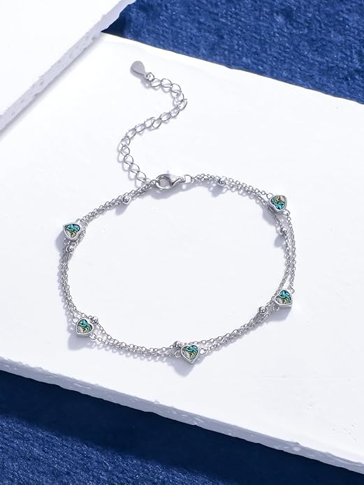 Birthstone Anklet/Bracelets for Women 925 Sterling Silver Charm Link Double Strand Heart Birthstone Jewelry Gift for Wife Women Mother's Day Gift