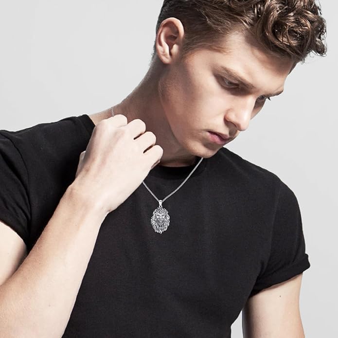 Cuoka Lion Necklace for Men Women S925 Sterling Silver King Retro Punk Gothic Hip Hop Rock Animal Lion Head Pendant Charm Jewelry Chain Necklace Viking Protection Amulet Necklaces