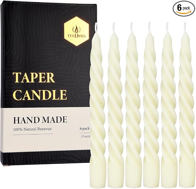 Natural Beeswax Spiral Taper Candles, 7 Inch Tall- Off White | Dripless Short by TELOSMA