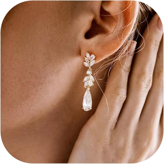 Dangle Drop Earrings for Women Wedding Bridal Rhinestone Long Cubic Zircon Dangling Crystal Chandelier Sparkly 14K Gold Plated Dainty Trendy Jewelry