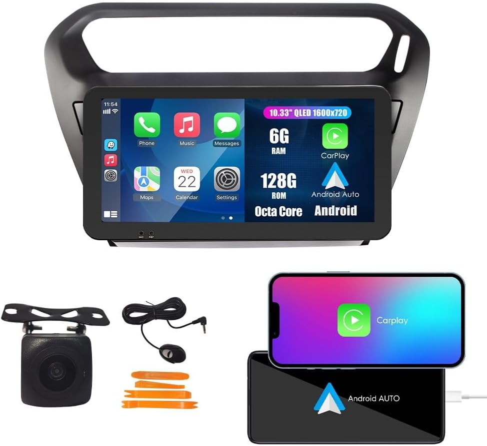 Kunfine Car CarPlay Android Auto Navigation Stereo GPS Radio Camera Display 10.33" QLED Touchscreen Headunit Tablet Media Player for Peugeot 301 2013-2022, if Applicable Octa Core 6G+128G Matte Black