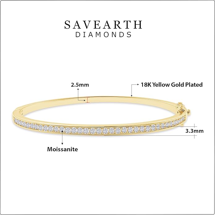 SAVEARTH DIAMONDS 3.3MM Bangle Classic Tennis Bracelet Round Lab Created Moissanite Bracelets for Brides in 18K Gold Plated Jewelry Gift for Her (Available in 6.5" or 7.5")
