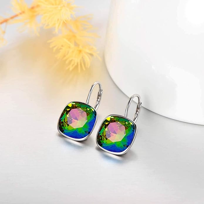 AOBOCO Sterling Silver Leverback Earrings Embellished with Crystals from Austria, Hypoallergenic Cushion Cut Square Crystal Earrings, Fine Anniversary Birthday Jewelry Gifts for Women