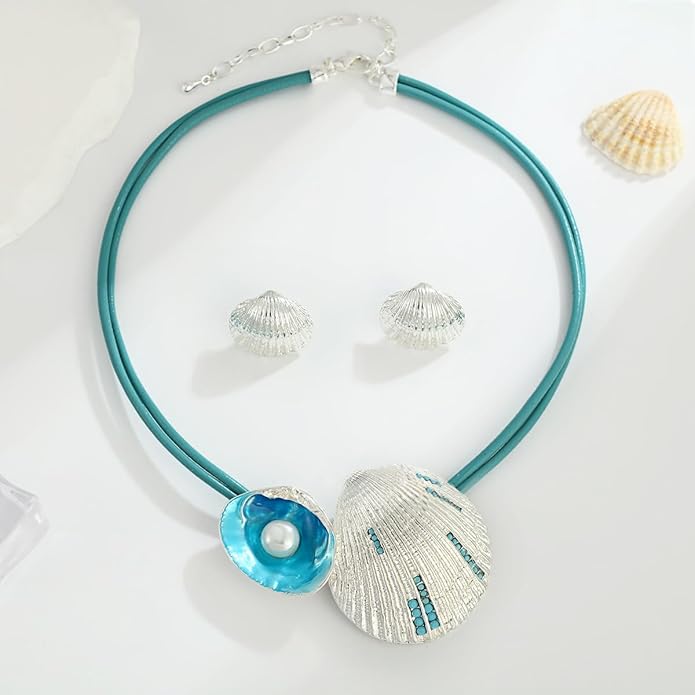Chunky Statement Jewelry Set Blue Ocean Seashell Choker Necklaces Earrings Set for Women Pearl Bib Collar Necklaces for Party Prom Pageant Summer Fashion Jewelry Unique Birthday Gift