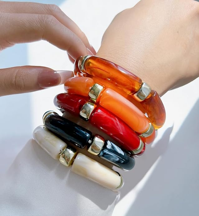 iF YOU 6pcs Chunky Acrylic Bangle Bracelets for Women, Resin Bamboo Brown Stretchy Bracelet Stack, Fashion Jewelry for Women