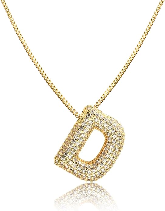 SKQIR Diamond Initial Letter Necklace for Women Bubble Gold Plated Puffy Balloon Alphabet Crystal Zircon Pendant Name Necklace Dainty Charms Trendy Jewelry Gift for Women
