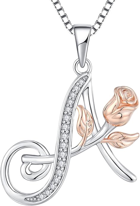 STARCHENIE Initial Necklace for Women Sterling Silver Letters 26 Alphabet Pendant Rose Flower Jewelry Gifts for Family Sisters Friend