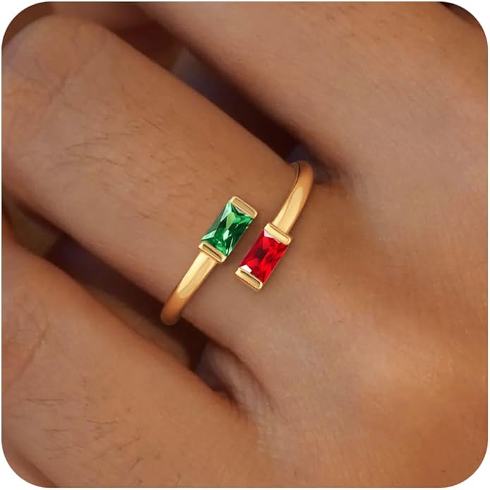 Honsny Gold Birthstone Rings for Women Non Tarnish 14K Gold Plated Adjustable Emerald Ring Cubic Zirconia Gemstone Promise Ring for Her Engagement Personalized Waterproof Jewelry Gifts for Birthday