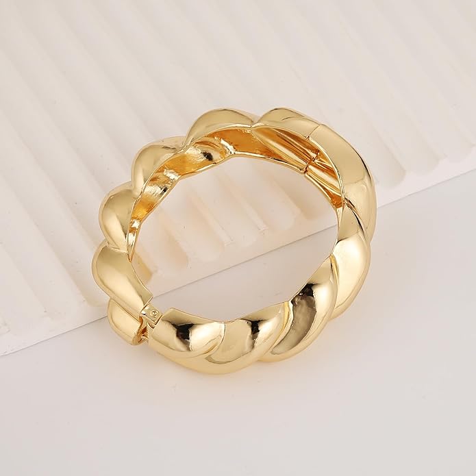 HZMAN 18K Gold Plated Wide Cuff Bracelet for Women - Premium Alloy Shiny Polished Double Layer Statement Bangle, Trendy Daily Wear Party Jewelry Accessory