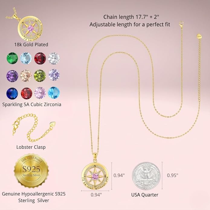 Compass Necklace for Women Wife Girlfriend Mom Daughter Gifts S925 Sterling Silver Jewelry For Anniversary Rose Gold Gifts For Birthday Christmas Mothers Valentines Day 12 Birthstones