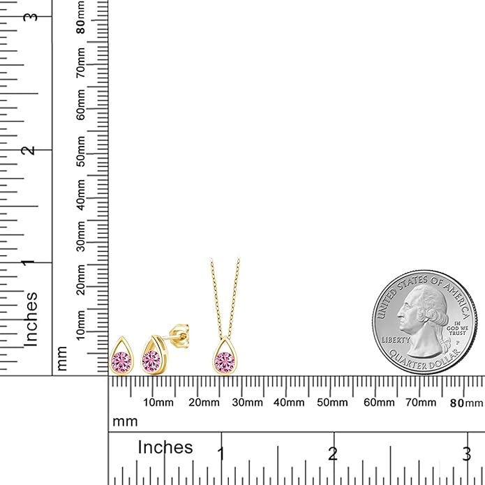 Gem Stone King 18K Yellow Gold Plated Silver 5MM Round Gemstone Birthstone Teardrop Pendant Earrings Set | Jewelry Set for Women | With 18 Inch Chain