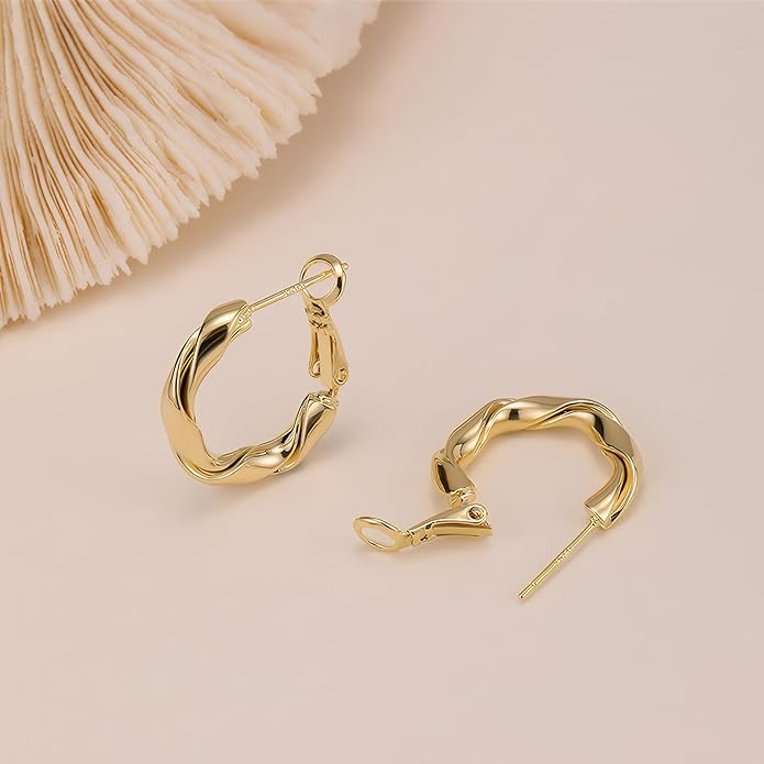 14k Gold Plated Hoop Earrings for Women, 925 Sterling Silver Posts Thick Twist Hypoallergenic Chunky Large Earrings 20mm 30mm 40mm 50mm