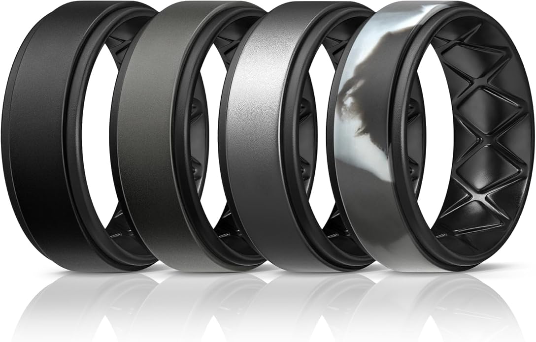 Egnaro Silicone Rings for Men 1/4/5/6/7 Multipack of Breathable Mens Silicone Rubber Wedding Rings Bands - Step Edge