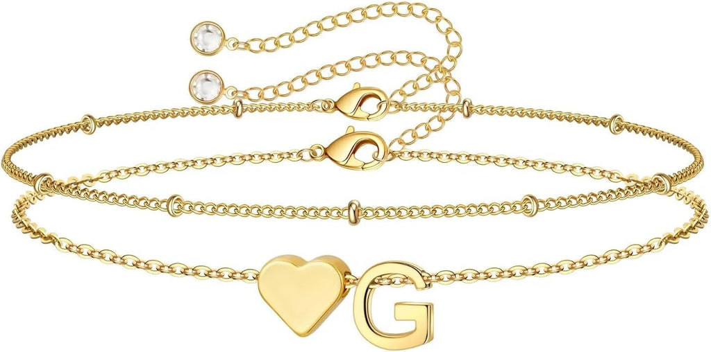 M MOOHAM Valentines Day Gifts for Kids Teen Girls -14K-Gold-Plated Heart Initial A-Z Bracelets for Women Girl Dainty Gold Bracelets Birthday Valentines Gifts for Women Her Teenage Girls Kid Teen Gift