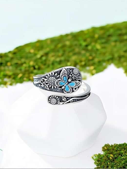 JKR Turquoise Spoon Rings for Women Sterling Silver Vintage Antique Thumb Ring Boho Jewelry Anniversary Birthday Gift for Wife Her Mom