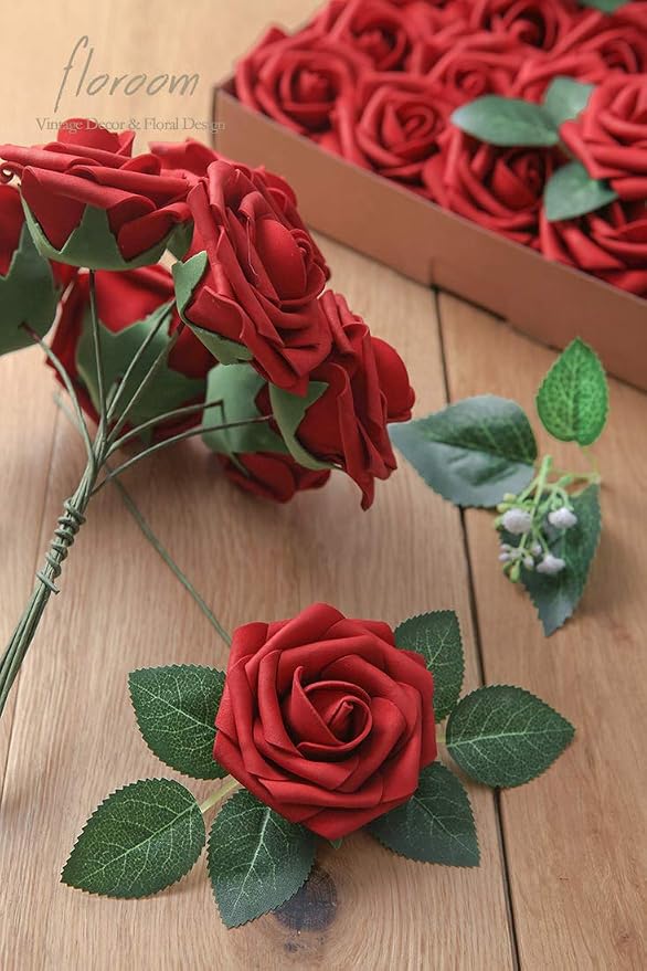 Artificial Flowers 25pcs Real Looking Dark Red Foam Fake Roses - Image 2