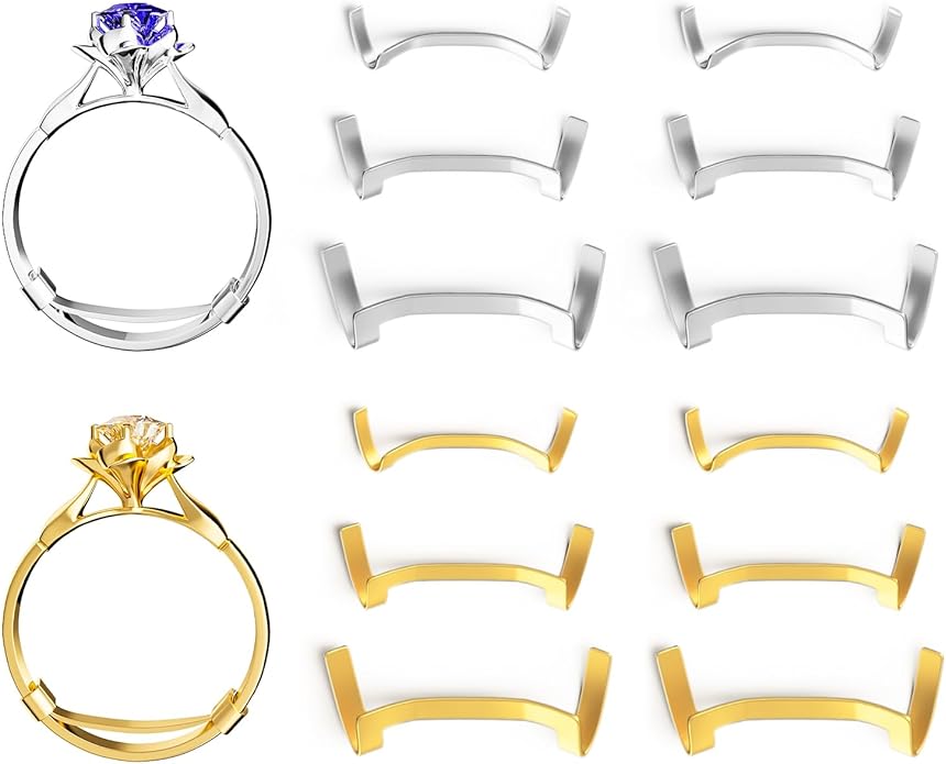 ELETIUO Filled Metal Ring Guard Set for Loose Rings, 12 Pack 3 Sizes for Different Band Widths, Invisible Ring Adjuster Tightener Spacer Fitter, Golden+Silver Color