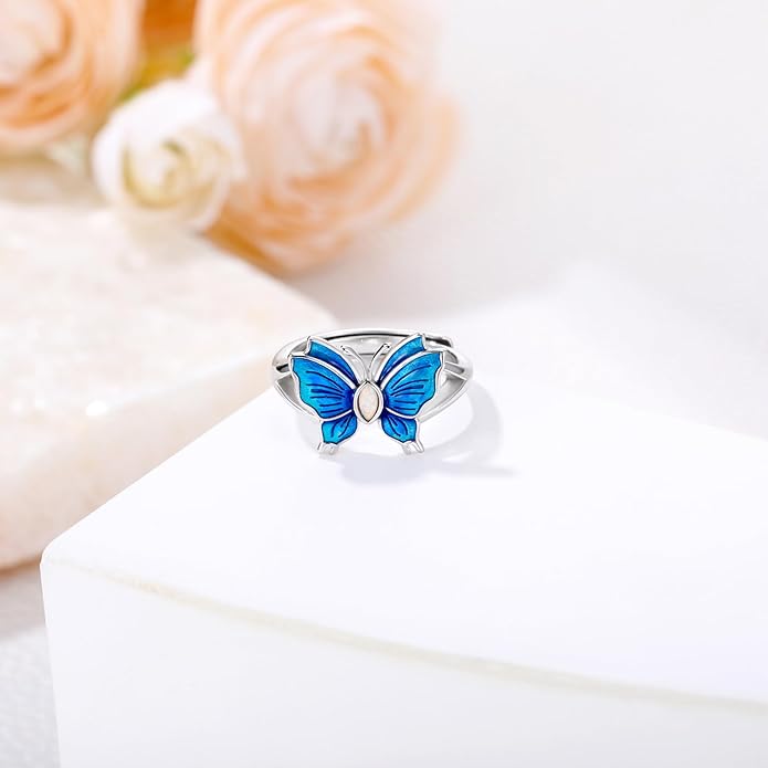 Sterling Silver Blue Butterfly Opal Rings for Women,Butterfly Open Ring Butterfly Ring Butterfly Adjustable Ring Opal Ring Jewelry Gift for Hers Ring Adjustable Size 6-9-1