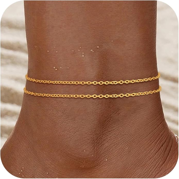 Ankle Bracelets for Women - 14K Gold Plated Waterproof Cuban Water Wave Chain Beads Rhinestone Anklets Set Layered Anklet Bracelets for Women Gold Jewelry Gift