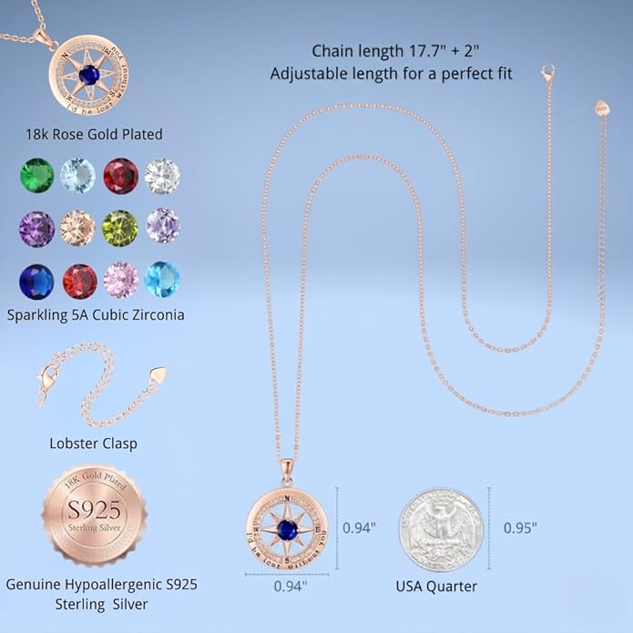 Compass Necklace for Women Wife Girlfriend Mom Daughter Gifts S925 Sterling Silver Jewelry For Anniversary Rose Gold Gifts For Birthday Christmas Mothers Valentines Day 12 Birthstones