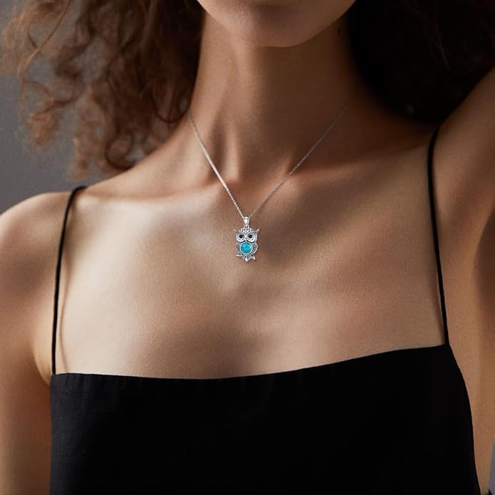 Turquoise Owl Necklace 925 Sterling Silver Genuine Turquoise Cute Animal Owl Pendant Western Boho Jewelry Gifts for Women