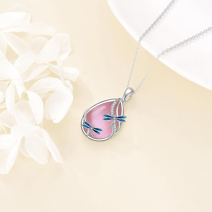KQF Dragonfly/Butterlfy/Cat/Jellyfish/Bunny/Axolotl/Bee/Mermaid/Hummingbird/Elephant Necklace for Women Sterling Silver Moonstone Pendant Necklace Dragonfly Jewelry Gifts for Women