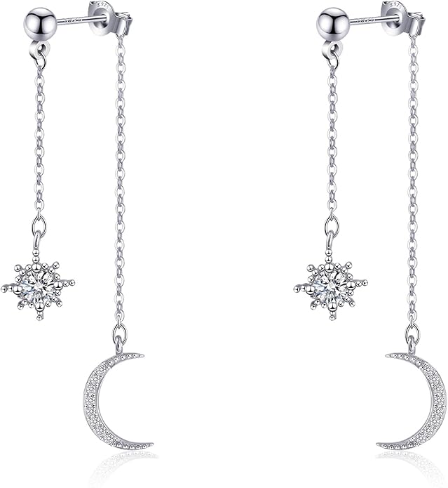 Moon and Star dangle Earrings for Women Chain Tassel with Cubic Zirconia Drop Celestial Jewelry for Wedding Gift