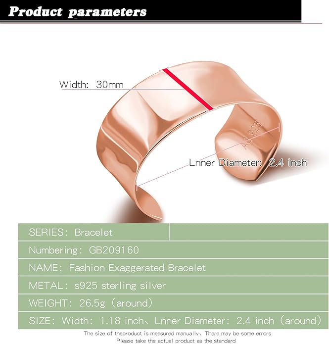 Dankadi Women 925 Sterling Silver Curved Bangle 30MM Wide Grooved Cuff Bangle Shiny Punk Open Bracelet Adjustable Plated 24k Gold/Rose Gold Jewelry Gift