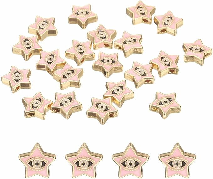 MECCANIXITY 20 Pcs Star Evil Eye Beads Colorful Flat Loose Spacer Evil Eye Charms for DIY Bracelet Earrings Necklace Crafts Jewelry Making, Pink