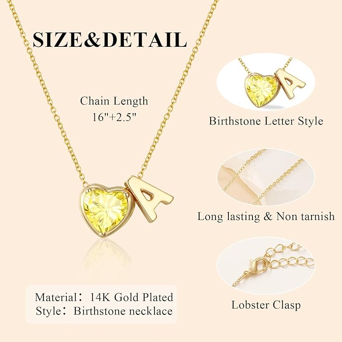 Valentines Day Gifts for Her- Heart Birthstone Initial Necklace for Women Girls,14K Gold Plated Heart Letter A-Z Necklace Birthday Trendy Jewelry Gifts for Women Girls Daughter