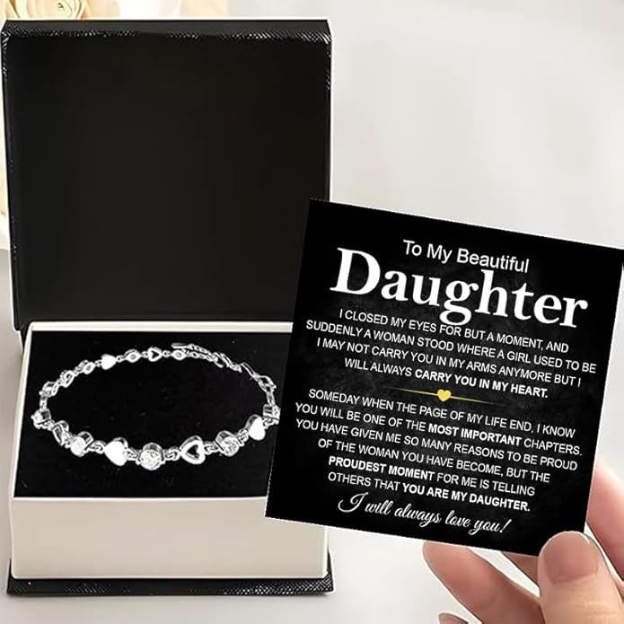 To My Daughter Bracelet, Silver Heart Chain Bracelet with Shiny Stones, Perfect Birthday or Graduation Christmas Gift for Daughter with Message Card and Gift Box