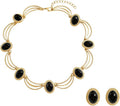 Black and Gold Jewelry Sets for Women, Gold Plated Textured Metal Necklace and Earrings Set with Deep Black Oval Stones, Coordinated Accessories for Wedding Party Gala