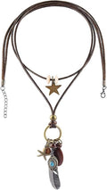 MEETCUTE Vintage Layered Necklace for Women, Leather Cord with Star Feather Turquoise Charms, Retro Boho-Statement Jewelry for Daily Outfit & GiftS