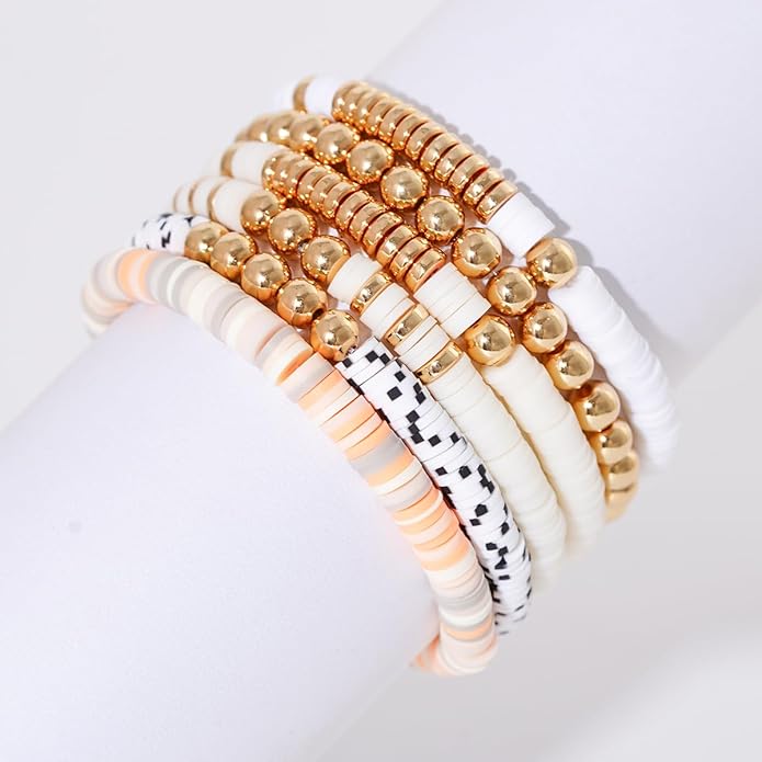 GOOJIDS Surfer Heishi Clay Bead Bracelets for Women Bohemian Stackable Gold Plated Beaded Stretch Bracelets Elastic Layering Friendship Bracelets Set Boho Jewelry