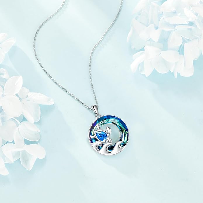 TOUPOP Sea Turtle/Mermaid/Dolphin/Shell/Starfish/Conch/Seahorse Necklace for Women Sterling Silver Ocean Pendant Necklace with Crystal Ocean Beach Charm Jewelry Birthday Christmas Gifts