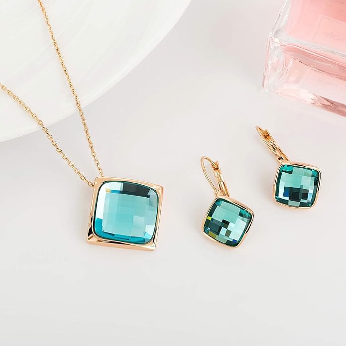 EVEVIC Square Austrian Crystal Necklace Earrings for Women Fashion 18K Gold Plated Hypoallergenic Jewelry Set