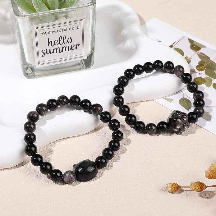 Black Obsidian Cat Bracelet and Moon Pendant Necklace Jewelry Set-Cat Lover Gifts,Wealth Attraction,Good Luck,Bead Bracelet,Mindfulness,Beaded Bracelets, Obsidian Pendant Necklace-Cute Gifts for Women