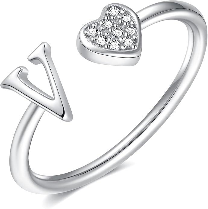 Valentines Day Gift Initial Rings for Teen Girls - S925 Heart Sterling Silver Rings for Teen Girls | 14K Gold/Rose Gold/Sterling Silver Plated Ring for Girls Kids Women Ring for Teenager Girls Gifts Adjustable, No Tarnish, Hypoallergenic