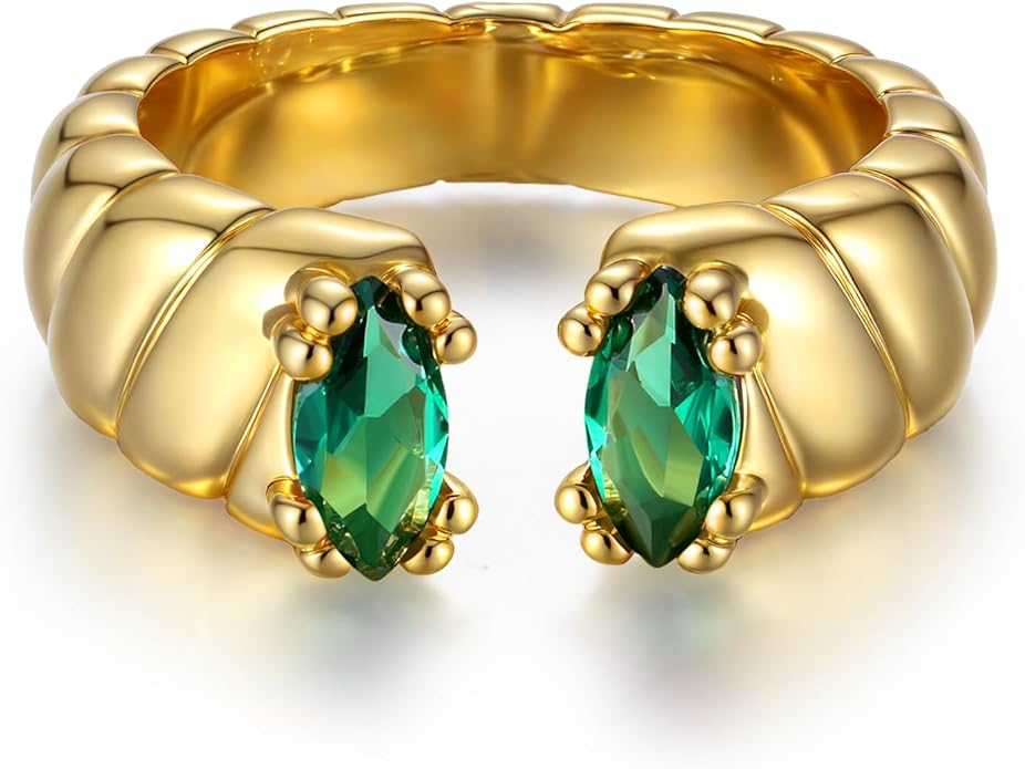 Chunky 18K Gold Adjustable Statement Ring for Women - Green Marquise Crystal Open Band, Vintage-Inspired Luxury Gift