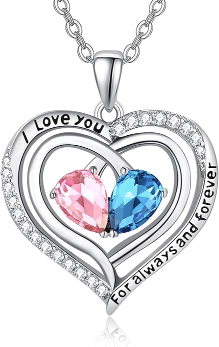 Valentine's Day Gifts for Wife 925 Sterling Silver Double Birthstone Pendant Necklaces I Love You for Always and Forever Necklace Anniversary Birthday Gifts for Wife Girlfriend Mom Her