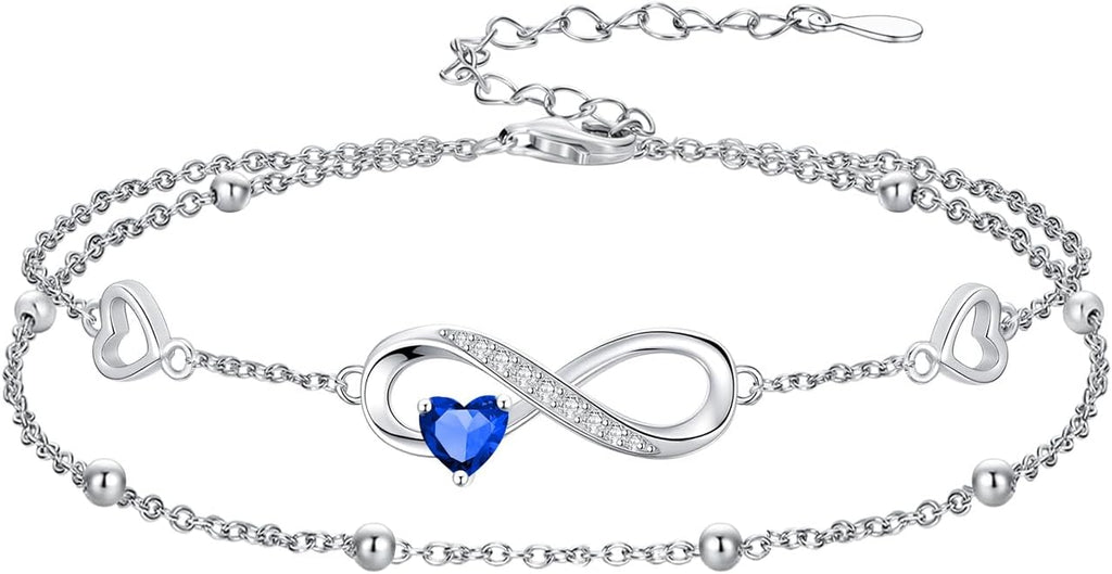 Dorunmo Infinity Heart Anklet Bracelet for Women 925 Sterling Silver Adjustable Infinity Birthstone Bracelet Friendship Jewelry Gifts for Women Birthday Christmas