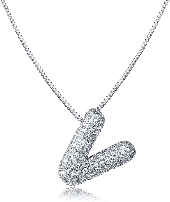 SKQIR Diamond Initial Letter Necklace for Women Bubble Gold Plated Puffy Balloon Alphabet Crystal Zircon Pendant Name Necklace Dainty Charms Trendy Jewelry Gift for Women
