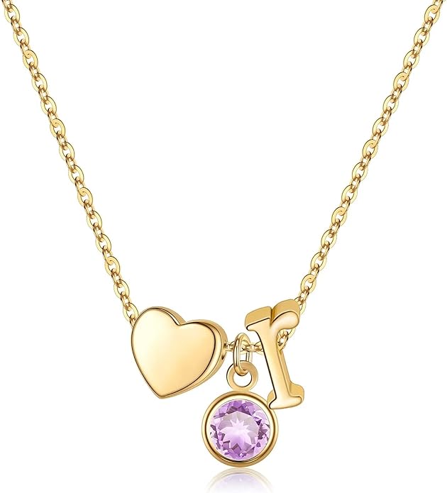 Ursilver Initial Birthstone Necklace for Women - Heart Initial Birthstone Pendant Necklace Personalized Gifts Birthday Gifts for Women
