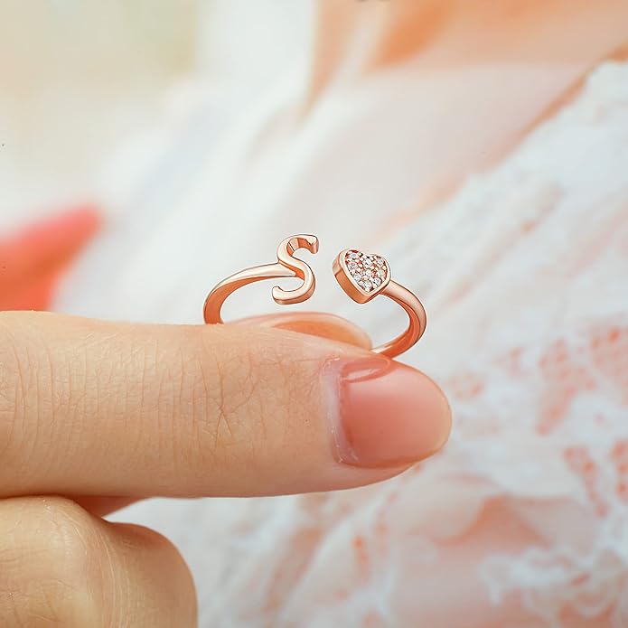 Valentines Day Gift Initial Rings for Teen Girls - S925 Heart Sterling Silver Rings for Teen Girls | 14K Gold/Rose Gold/Sterling Silver Plated Ring for Girls Kids Women Ring for Teenager Girls Gifts Adjustable, No Tarnish, Hypoallergenic