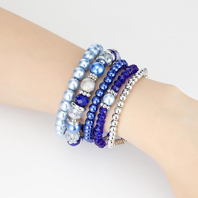 Noessla Beaded Pearl Stretch Bracelet Silver Stackable Crystal Beads Bracelets Trendy Costume Jewelry Mothers Day Gifts for Women