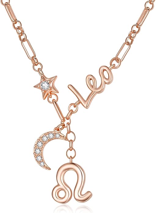 14K Gold/Rose Gold Zodiac Necklace for Women - Horoscope Constellation Pendant with Moon and Star, Luxury Birthday Gifts Jewelry for Her (12 Zodiac Signs)