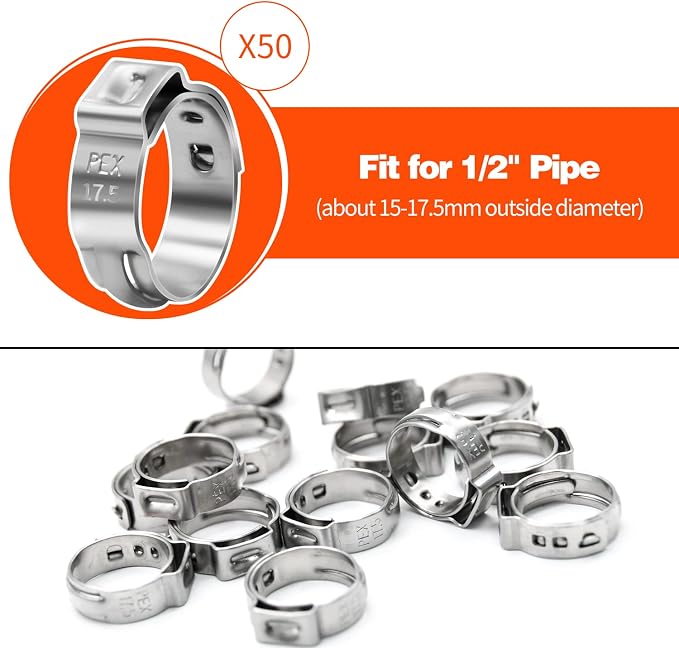 50/100/200 Pack 1/2" PEX Cinch Clamps, Stainless Steel Single Ear Hose Clamps - Image 2