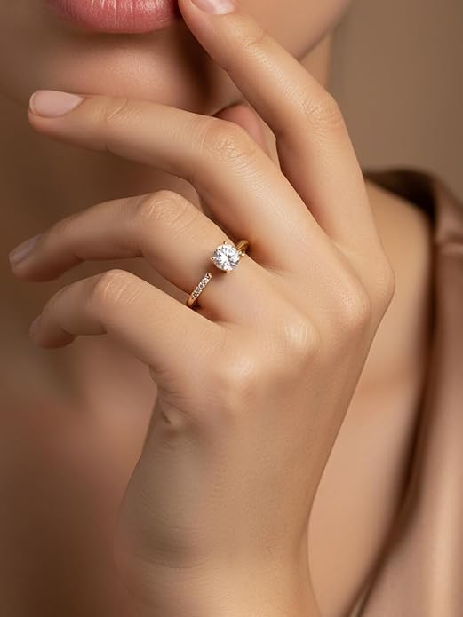 FWM Round Cut Moissanite Simple Open Rings for Women, Adjustable Ring, Solid Sterling Silver With Gold Plated, Stackable Wedding Band, Anniversary Valentines Mothers Day Christmas Gift