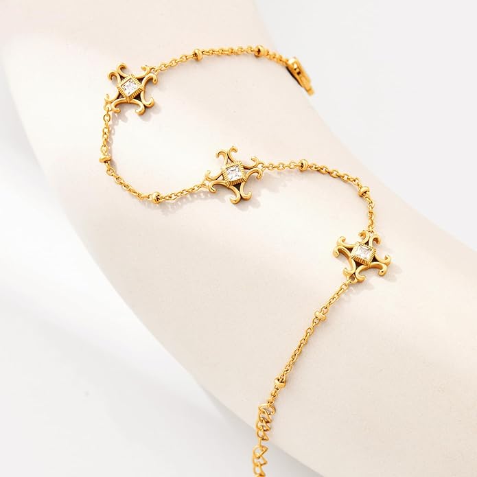 Cicy Bell Womens 18k Gold Plated White Shell Cubic Zirconia Square Cross Adjustable Chain Link Bracelets 6.69" with 2" Extender